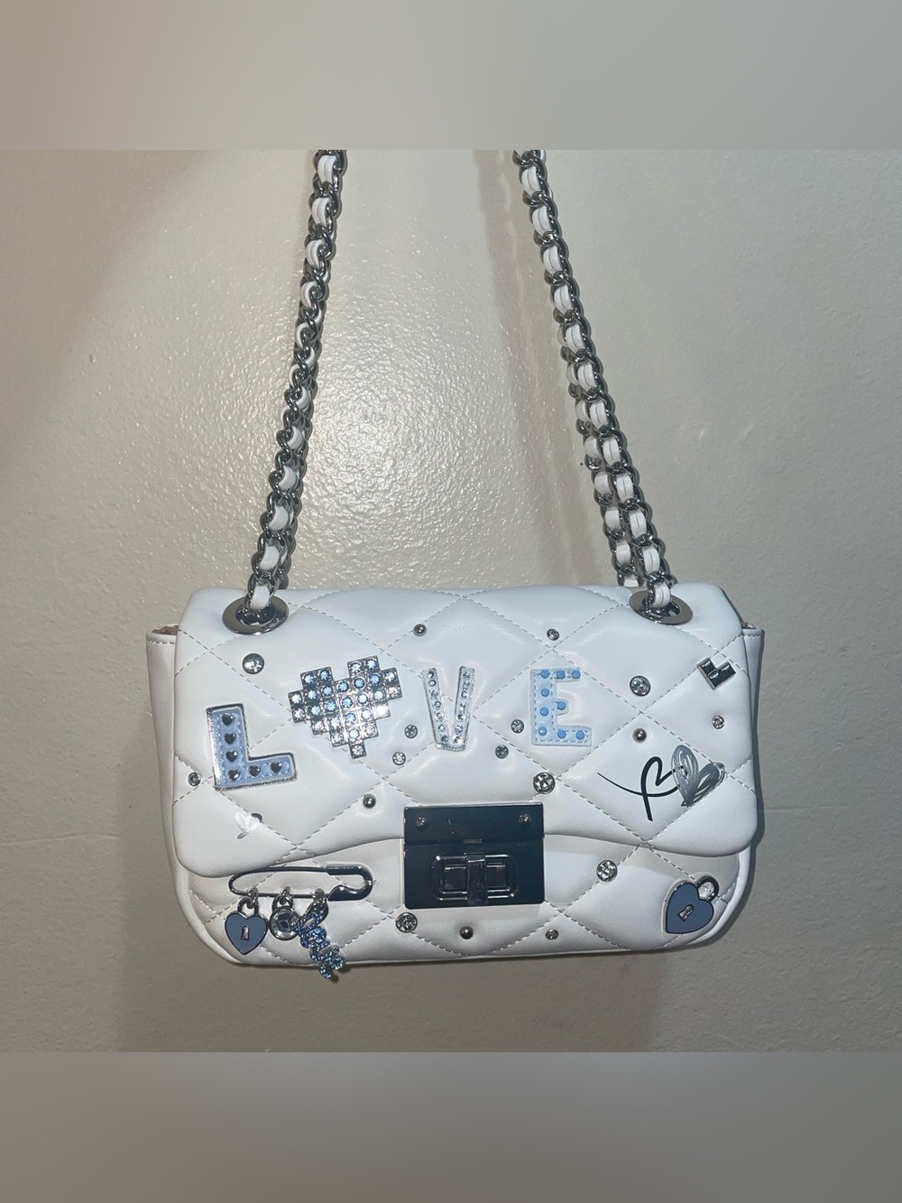 ALDO White Quilted Chain Shoulder Bag with LOVE Embellishment